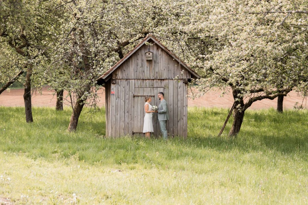 brautpaar huette obstbaeume